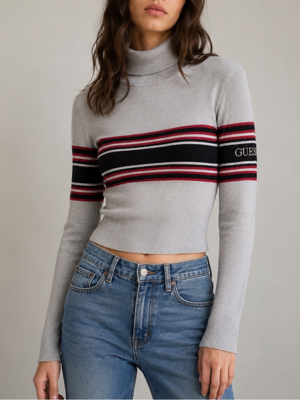 Guess Jeans Vintage Y2K Ribbed Turtleneck Sweater Grey Red Black Size Medium